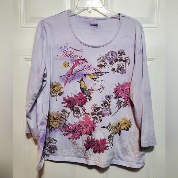 Basic Editions Purple T-Shirt Top with Birds & Flowers - Picture 11 of 16